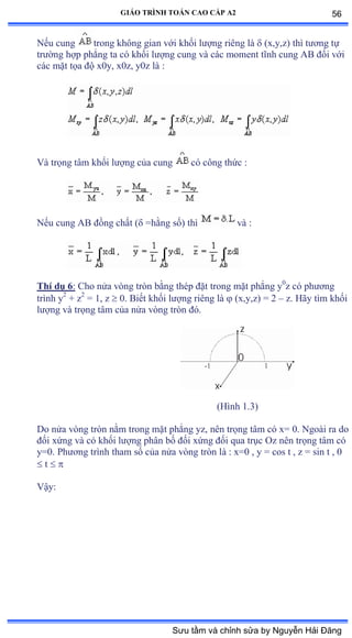 GIÁO TRÌNH TOÁN CAO CẤP A2
Nếu cung trong không gian với khối lýợng riêng là  (x,y,z) thì týõng tự
trýờng hợp phẳng ta có khối lýợng cung và các moment tĩnh cung ồử ðối với
các mặt tọa ðộ xếyờ xếzờ yếz là ầ
Và trọng tâm khối lýợng của cung có công thức ầ
Nếu cung ồử ðồng chất ậ =hằng sốấ thì và ầ
Thí dụ 6: Cho nửa vòng tròn bằng thép ðặt trong mặt phẳng y0
z có phýõng
trình y2
+ z2
= 1, z  0. Biết khối lýợng riêng là  (x,y,z) = 2 – z. Hãy tìm khối
lýợng và trọng tâm của nửa vòng tròn ðóề
(Hình ữềĩấ
Do nửa vòng tròn nằm trong mặt phẳng yzờ nên trọng tâm có xụ ếề Ngoài ra do
ðối xứng và có khối lýợng phân bố ðối xứng ðối qua trục ẫz nên trọng tâm có
y=0. Phýõng trình tham số của nửa vòng tròn là ầ xụế ờ y ụ cos t ờ z ụ sin t ờ ế
 t  
Vậyầ
56
Sưu tầm và chỉnh sửa by Nguyễn Hải Đăng
 
