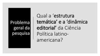 Qual a ‘estrutura
temática’ e a ‘dinâmica
editorial’ da Ciência
Política latino-
americana?
Problema
geral da
pesquisa
 