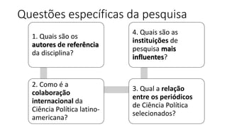 Questões específicas da pesquisa
1. Quais são os
autores de referência
da disciplina?
2. Como é a
colaboração
internacional da
Ciência Política latino-
americana?
3. Qual a relação
entre os periódicos
de Ciência Política
selecionados?
4. Quais são as
instituições de
pesquisa mais
influentes?
 
