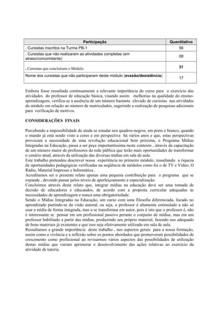 Participação                                      Quantitativo
. Cursistas inscritos na Turma PB-1                                                      56
. Cursistas que não realizaram as atividades completas (em
                                                                                         08
atraso/concomitante)

. Cursistas que concluíram o Módulo                                                      31

Nome dos cursistas que não participaram deste módulo (evasão/desistência)
                                                                                         17


Embora fosse ressaltada continuamente a relevante importância do curso para o exercício das
atividades do professor de educação básica, visando assim melhorias na qualidade do ensino-
aprendizagem, verifica-se a ausência de um número bastante elevado de cursistas nas atividades
do módulo em relação ao número de matriculados, sugerindo a realização de pesquisas adicionais
para verificação de motivos.

CONSIDERAÇÕES FINAIS

Percebendo a impossibilidade de ainda se estudar nos quadros-negros, em preto e branco, quando
o mundo já está sendo visto a cores e em perspectiva há vários anos e que, estas perspectivas
provocam a necessidade de uma revolução educacional bem próxima, o Programa Mídias
Integradas na Educação, passa a ser peça importantíssima neste contexto , através da capacitação
de um número maior de professores da rede pública que terão mais oportunidades de transformar
o cenário atual, através da utilização das diversas mídias em sala de aula.
Este trabalho pretendeu descrever nossa experiência no primeiro módulo, ressaltando a riqueza
de oportunidades pedagógicas verificadas na seqüência de módulos como foi o de TV e Vídeo, O
Rádio, Material Impresso e Informática .
Acreditamos ser o presente relato apenas uma pequena contribuição para o programa que se
expande , devendo passar pelos níveis de aperfeiçoamento e especialização.
Concluímos através deste relato que, integrar mídias na educação deve ser uma tomada de
decisão de educadores e educandos, de acordo com a proposta curricular adequadas às
necessidades de aprendizagem e nunca uma obrigatoriedade.
Sendo o Mídias Integradas na Educação, um curso com uma filosofia diferenciada, focado no
aprendizado partindo-se da visão autoral, ou seja, o professor é altamente estimulado a não só
usar a mídia de forma integrada, mas a se transformar em autor, pois é isto que o professor é, não
é interessante se pensar em um profissional passivo perante o conjunto de mídias, mas em um
professor habilitado a partir das mídias, produzindo seu próprio material, fazendo uso adequado
de bons materiais já existentes e que isso seja efetivamente utilizado em sala de aula.
Ressaltamos a grande importância deste trabalho , nos aspectos gerais para a nossa formação,
assim como a vivência e a reflexão sobre os pontos abordados que promoveram possibilidades de
crescimento como profissional ao revisarmos vários aspectos das possibilidades de utilização
destas mídias que vieram aprimorar o desenvolvimento das ações relativas ao exercício da
atividade de tutoria.
 