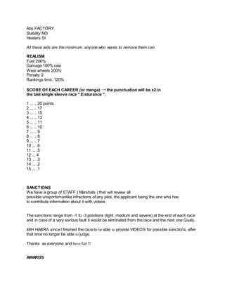 Abs FACTORY
Stability NO
Heaters SI
All these aids are the minimum, anyone who wants to remove them can.
REALISM
Fuel 200%
Damage 100% rate
Wear wheels 200%
Penalty 2
Rankings limit. 120%
SCORE OF EACH CAREER (or manga) → the punctuation will be x2 in
the last single sleeve race " Endurance ".
1 ... .. 20 points
2 ... .. 17
3 ... .. 15
4 ... .. 13
5 ... .. 11
6 ... .. 10
7 ... .. 9
8 ... .. 8
9 ... .. 7
10 ... .6
11 ... .5
12 ... 4
13 ... .3
14 ... .2
15 ... .1
SANCTIONS
We have a group of STAFF ( Marshals ) that will review all
possible unsportsmanlike infractions of any pilot, the applicant being the one who has
to contribute information about it with videos.
The sanctions range from -1 to -3 positions (light, medium and severe) at the end of each race
and in case of a very serious fault it would be eliminated from the race and the next one Qualy.
48H HABRA since I finished the race to be able to provide VIDEOS for possible sanctions, after
that time no longer be able to judge.
Thanks as everyone and have fun !!
AWARDS
 