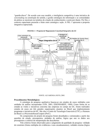 “guarda-chuva”. De acordo com esse modelo, a inteligência competitiva é uma iniciativa de
sensemaking ou construção de sentido, a gestão estratégica da informação e as comunidades
de prática se encaixam na temática de criação de conhecimento e assim por diante. Por fim, o
contexto capacitante preenche o hiato entre estratégia e ação. A FIG. 1 apresenta a proposta
integrativa supracitada.
FIGURA 1 - Proposta de Mapeamento Conceitual Integrativo da GC
FONTE: ALVARENGA NETO, 2005.
Procedimentos Metodológicos
A estratégia de pesquisa qualitativa baseou-se em estudos de casos múltiplos com
unidades de análise incorporadas (YIN, 2001; EISENHARDT, 1989). Como forma de se
estudar as visões e iniciativas concretas das empresas no campo da GC, foram realizados
estudos de casos em três grandes organizações atuantes no Brasil que implementaram
programas e iniciativas de GC. São elas o Centro de Tecnologia Canavieira (CTC), a Siemens
do Brasil e a PricewaterhouseCoopers (PwC).
Os componentes do projeto de pesquisa foram desenhados e estruturados a partir das
questões de estudo, pressupostos, unidades de análise, lógica que une os dados aos
pressupostos e critérios de interpretação das descobertas.
Três critérios foram observados para o julgamento da qualidade da pesquisa: validade
do construto (fontes múltiplas de evidências e seus encadeamentos), validade externa (lógica
 
