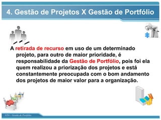 4. Gestão de Projetos X Gestão de Portfólio




    A retirada de recurso em uso de um determinado
      projeto, para outro de maior prioridade, é
      responsabilidade da Gestão de Portfólio, pois foi ela
      quem realizou a priorização dos projetos e está
      constantemente preocupada com o bom andamento
      dos projetos de maior valor para a organização.




GT4 – Gestão de Portfólio
 