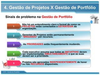 4. Gestão de Projetos X Gestão de Portfólio

   Sinais de problema na Gestão de Portfólio

                            Não há um entendimento claro e formal de como os
               1            PROJETOS estão conectados a ESTRATÉGIA da
                            organização.


               2            Gerentes de Projetos estão permanentemente
                            “BRIGANDO” por recursos.


               3            As PRIORIDADES estão frequentemente mudando.


                            Cada executivo assume que todas as INICIATIVAS devem
               4            ser implementadas SIMULTANEAMENTE e que as suas
                            devem ser a prioridade.


               5
                            Projetos são aprovados INDEPENDENTEMENTE de haver
                            ou não RECURSOS disponíveis.


GT4 – Gestão de Portfólio
 