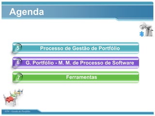Agenda


           5
           1            Click to add title in here de Portfólio
                            Processo de Gestão

           6
           2        G. Portfólio - M. M.in here
                     Click to add title de Processo de Software

            7                          Ferramentas




GT4 – Gestão de Portfólio
 