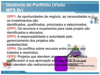 Gerência de Portfólio (Visão
    MPS.Br)
     GPP1: As oportunidades de negócio, as necessidades e
     os investimentos são
     identificados, qualificados, priorizados e selecionados;
     GPP2: Os recursos e orçamentos para cada projeto são
     identificados e alocados;
     GPP3: A responsabilidade e autoridade pelo
     gerenciamento dos projetos são
     estabelecidas;
     GPP4: Os conflitos sobre recursos entre projetos são
     tratados e resolvidos;
     GPP5: Projetos que atendem aos acordos e requisitos
     que levaram à sua aprovação são mantidos, e os que
     não atendem são redirecionados ou cancelados

GT4 – Gestão de Portfólio
 