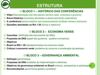 ESTRUTURA BLOCO 1 – HISTÓRICO DAS CONFERÊNCIAS Vídeo   Representação dos três setores (terceiro setor, empresas e governo) Breve Histórico  (conceitos abordados e desenvolvimento sustentável) A conferência  (breve histórico com posicionamento do Brasil, temas e estrutura) Questões abordadas na Rio + 20  (temas e objetivos) BLOCO 2 –  ECONOMIA VERDE Conceitos   (Definição dos documentos da ONU) Propostas da ONU  (papel dos governos,  quadros normativos) Objetivos  Brasil na RIO + 20  (desdobramentos da economia verde) Críticas à economia verde  (problema do consumo e erradicação da pobreza) BLOCO 3 – GOVERNANÇA AMBIENTAL Definição  (governança) Propostas da ONU  (medidas de implementação e reformas)  Objetivos da governança ambiental no Brasil  (marcos, perspectivas e participação) Recomendações  (governança global e questões) 