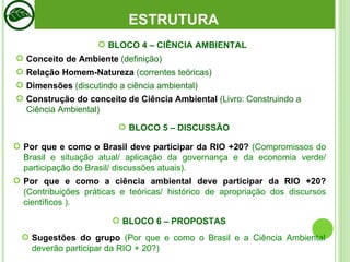 Por que e como o Brasil deve participar da RIO +20?  (Compromissos do Brasil e situação atual/ aplicação da governança e da economia verde/ participação do Brasil/ discussões atuais). Por que e como a ciência ambiental deve participar da RIO +20?  (Contribuições práticas e teóricas/ histórico de apropriação dos discursos científicos ). ESTRUTURA BLOCO 4 – CIÊNCIA AMBIENTAL BLOCO 5 – DISCUSSÃO BLOCO 6 – PROPOSTAS Sugestões do grupo  (Por que e como o Brasil e a Ciência Ambiental deverão participar da RIO + 20?) Conceito de Ambiente  (definição) Relação Homem-Natureza  (correntes teóricas) Dimensões  (discutindo a ciência ambiental) Construção do conceito de Ciência Ambiental  (Livro: Construindo a Ciência Ambiental) 