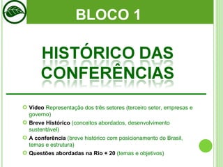 BLOCO 1  Vídeo   Representação dos três setores (terceiro setor, empresas e governo) Breve Histórico  (conceitos abordados, desenvolvimento sustentável) A conferência  (breve histórico com posicionamento do Brasil, temas e estrutura) Questões abordadas na Rio + 20  (temas e objetivos) 
