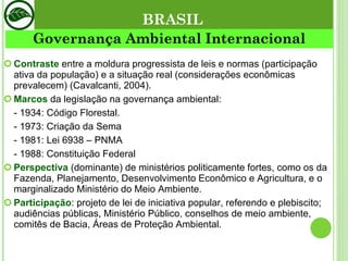 BRASIL Governança Ambiental Internacional Contraste  entre a moldura progressista de leis e normas (participação ativa da população) e a situação real (considerações econômicas prevalecem) (Cavalcanti, 2004). Marcos  da legislação na governança ambiental: - 1934: Código Florestal. - 1973: Criação da Sema - 1981: Lei 6938 – PNMA - 1988: Constituição Federal Perspectiva  (dominante) de ministérios politicamente fortes, como os da Fazenda, Planejamento, Desenvolvimento Econômico e Agricultura, e o marginalizado Ministério do Meio Ambiente. Participação : projeto de lei de iniciativa popular, referendo e plebiscito; audiências públicas, Ministério Público, conselhos de meio ambiente, comitês de Bacia, Áreas de Proteção Ambiental. 