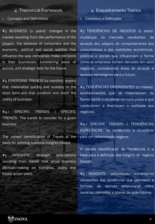 18
4. Theoretical Framework 4. Enquadramento Teórico
1. Conceitos e Definições
#3 TENDÊNCIAS DE NEGÓCIO (2 anos):
mudanças no mercado resultantes da
atuação dos players, do comportamento dos
consumidores e das realidades econômicas,
políticas e sociais que influenciam a forma
como as empresas tomam decisões em seus
negócios, considerando áreas de atuação e
apostas estratégicas para o futuro.
#4 TENDÊNCIAS EMERGENTES (12 meses):
acontecimentos que se materializam de
forma rápida e escalável no curto-prazo e que
condicionam e direcionam a realidade dos
negócios.
#4.1 SPECIFIC TRENDS | TENDÊNCIAS
ESPECÍFICAS: as tendências a considerar
para um determinado negócio.
A correta identificação de Tendências é a
base para a definição dos Insights de negócio
(ideias).
#5 INSIGHTS: articulações estratégicas
resultantes das tendências que permitem a
tomada de decisão empresarial sobre
cenários, caminhos e planos de ação futuros.
1. Concepts and Definitions
#3 BUSINESS (2 years): changes in the
market resulting from the performance of the
players, the behavior of consumers and the
economic, political and social realities that
influence the way companies make decisions
in their businesses, considering areas of
activity and strategic bets for the future.
#4 EMERGING TRENDS (12 months): events
that materialize quickly and scalably in the
short term and that condition and direct the
reality of business.
#4.1 SPECIFIC TRENDS | SPECIFIC
TRENDS: The trends to consider for a given
business.
The correct identification of Trends is the
basis for defining business Insights (ideas).
#5 INSIGHTS: strategic articulations
resulting from trends that allow business
decision-making on scenarios, paths and
future action plans.
 
