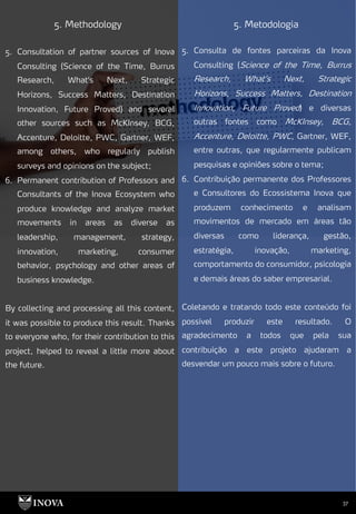 37
5. Methodology 5. Metodologia
5. Consulta de fontes parceiras da Inova
Consulting (Science of the Time, Burrus
Research, What’s Next, Strategic
Horizons, Success Matters, Destination
Innovation, Future Proved) e diversas
outras fontes como McKInsey, BCG,
Accenture, Deloitte, PWC, Gartner, WEF,
entre outras, que regularmente publicam
pesquisas e opiniões sobre o tema;
6. Contribuição permanente dos Professores
e Consultores do Ecossistema Inova que
produzem conhecimento e analisam
movimentos de mercado em áreas tão
diversas como liderança, gestão,
estratégia, inovação, marketing,
comportamento do consumidor, psicologia
e demais áreas do saber empresarial.
Coletando e tratando todo este conteúdo foi
possível produzir este resultado. O
agradecimento a todos que pela sua
contribuição a este projeto ajudaram a
desvendar um pouco mais sobre o futuro.
5. Consultation of partner sources of Inova
Consulting (Science of the Time, Burrus
Research, What's Next, Strategic
Horizons, Success Matters, Destination
Innovation, Future Proved) and several
other sources such as McKInsey, BCG,
Accenture, Deloitte, PWC, Gartner, WEF,
among others, who regularly publish
surveys and opinions on the subject;
6. Permanent contribution of Professors and
Consultants of the Inova Ecosystem who
produce knowledge and analyze market
movements in areas as diverse as
leadership, management, strategy,
innovation, marketing, consumer
behavior, psychology and other areas of
business knowledge.
By collecting and processing all this content,
it was possible to produce this result. Thanks
to everyone who, for their contribution to this
project, helped to reveal a little more about
the future.
 