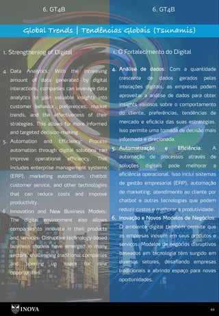 44
6. GT4B 6. GT4B
Global Trends | Tendências Globais (Tsunamis)
1. Strengthening of Digital 1. O Fortalecimento do Digital
4. Análise de dados: Com a quantidade
crescente de dados gerados pelas
interações digitais, as empresas podem
aproveitar a análise de dados para obter
insights valiosos sobre o comportamento
do cliente, preferências, tendências de
mercado e eficácia das suas estratégias.
Isso permite uma tomada de decisão mais
informada e direcionada.
5. Automatização e Eficiência: A
automação de processos através de
soluções digitais pode melhorar a
eficiência operacional. Isso inclui sistemas
de gestão empresarial (ERP), automação
de marketing, atendimento ao cliente por
chatbot e outras tecnologias que podem
reduzir custos e melhorar a produtividade.
6. Inovação e Novos Modelos de Negócios:
O ambiente digital também permite que
as empresas inovem em seus produtos e
serviços. Modelos de negócios disruptivos
baseados em tecnologia têm surgido em
diversos setores, desafiando empresas
tradicionais e abrindo espaço para novas
oportunidades.
4. Data Analytics: With the increasing
amount of data generated by digital
interactions, companies can leverage data
analytics to gain valuable insights into
customer behavior, preferences, market
trends, and the effectiveness of their
strategies. This allows for more informed
and targeted decision-making.
5. Automation and Efficiency: Process
automation through digital solutions can
improve operational efficiency. This
includes enterprise management systems
(ERP), marketing automation, chatbot
customer service, and other technologies
that can reduce costs and improve
productivity.
6. Innovation and New Business Models:
The digital environment also allows
companies to innovate in their products
and services. Disruptive technology-based
business models have emerged in many
sectors, challenging traditional companies
and opening up space for new
opportunities.
 