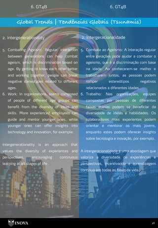48
6. GT4B 6. GT4B
Global Trends | Tendências Globais (Tsunamis)
2. intergenerationality 2. Intergeracionalidade
5. Combate ao Ageísmo: A interação regular
entre gerações pode ajudar a combater o
ageísmo, que é a discriminação com base
na idade. Ao conhecerem-se melhor e
trabalharem juntos, as pessoas podem
romper estereótipos negativos
relacionados a diferentes idades.
6. Trabalho: Nas organizações, equipes
compostas por pessoas de diferentes
faixas etárias podem se beneficiar da
diversidade de ideias e habilidades. Os
colaboradores mais experientes podem
orientar e mentorar os mais jovens,
enquanto estes podem oferecer insights
sobre tecnologia e inovação, por exemplo.
A intergeracionalidade é uma abordagem que
valoriza a diversidade de experiências e
perspectivas, incentivando a aprendizagem
contínua em todas as fases da vida.
5. Combating Ageism: Regular interaction
between generations can help combat
ageism, which is discrimination based on
age. By getting to know each other better
and working together, people can break
negative stereotypes related to different
ages.
6. Work: In organizations, teams composed
of people of different age groups can
benefit from the diversity of ideas and
skills. More experienced employees can
guide and mentor younger ones, while
younger ones can offer insights into
technology and innovation, for example.
Intergenerationality is an approach that
values the diversity of experiences and
perspectives, encouraging continuous
learning at all stages of life.
 