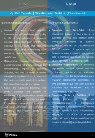 51
6. GT4B 6. GT4B
Global Trends | Tendências Globais (Tsunamis)
3. Rethinking Economics 3. Repensar a Economia
3. Economia de Bem-Estar: Essa
abordagem enfoca o bem-estar e a
qualidade de vida das pessoas como
principais indicadores de sucesso
econômico, em vez do crescimento do
PIB. O objetivo é garantir que o
desenvolvimento econômico seja voltado
para a melhoria das condições sociais,
saúde, educação e satisfação pessoal.
4. Economia Regenerativa: A economia
regenerativa busca não apenas minimizar
o impacto ambiental das atividades
econômicas, mas também trabalhar para
restaurar ecossistemas danificados. É
uma abordagem que visa criar sistemas
produtivos que beneficiem tanto as
pessoas quanto a natureza.
5. Economia Social e Solidária: Esse
modelo promove a criação de
empreendimentos e organizações
voltados para o benefício coletivo, em vez
de visar apenas o lucro. Cooperativas,
associações comunitárias e empresas
sociais são exemplos de iniciativas que
buscam a equidade e a sustentabilidade.
3. Welfare Economics: This approach
focuses on people's well-being and quality
of life as key indicators of economic
success, rather than GDP growth. The
objective is to ensure that economic
development is aimed at improving social
conditions, health, education and personal
satisfaction.
4. Regenerative Economics: Regenerative
economics seeks not only to minimize the
environmental impact of economic
activities, but also to work to restore
damaged ecosystems. It is an approach
that aims to create productive systems
that benefit both people and nature.
5. Social and Solidarity Economy: This
model promotes the creation of
enterprises and organizations aimed at
collective benefit, rather than just profit.
Cooperatives, community associations
and social enterprises are examples of
initiatives that seek equity and
sustainability.
 