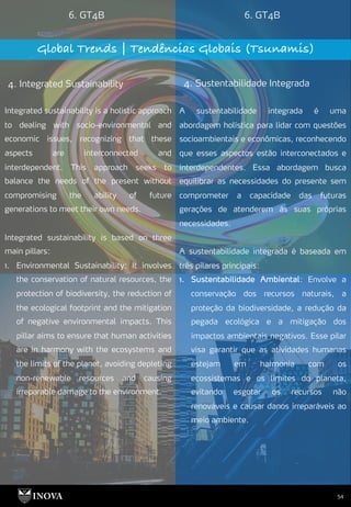 54
6. GT4B 6. GT4B
Global Trends | Tendências Globais (Tsunamis)
4. Integrated Sustainability 4. Sustentabilidade Integrada
A sustentabilidade integrada é uma
abordagem holística para lidar com questões
socioambientais e econômicas, reconhecendo
que esses aspectos estão interconectados e
interdependentes. Essa abordagem busca
equilibrar as necessidades do presente sem
comprometer a capacidade das futuras
gerações de atenderem às suas próprias
necessidades.
A sustentabilidade integrada é baseada em
três pilares principais:
1. Sustentabilidade Ambiental: Envolve a
conservação dos recursos naturais, a
proteção da biodiversidade, a redução da
pegada ecológica e a mitigação dos
impactos ambientais negativos. Esse pilar
visa garantir que as atividades humanas
estejam em harmonia com os
ecossistemas e os limites do planeta,
evitando esgotar os recursos não
renováveis e causar danos irreparáveis ao
meio ambiente.
Integrated sustainability is a holistic approach
to dealing with socio-environmental and
economic issues, recognizing that these
aspects are interconnected and
interdependent. This approach seeks to
balance the needs of the present without
compromising the ability of future
generations to meet their own needs.
Integrated sustainability is based on three
main pillars:
1. Environmental Sustainability: It involves
the conservation of natural resources, the
protection of biodiversity, the reduction of
the ecological footprint and the mitigation
of negative environmental impacts. This
pillar aims to ensure that human activities
are in harmony with the ecosystems and
the limits of the planet, avoiding depleting
non-renewable resources and causing
irreparable damage to the environment.
 