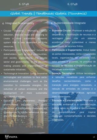 56
6. GT4B 6. GT4B
Global Trends | Tendências Globais (Tsunamis)
4. Integrated Sustainability 4. Sustentabilidade Integrada
• Economia Circular: Promover a redução do
desperdício, a reutilização de recursos e a
reciclagem para criar um sistema
econômico mais sustentável e menos
dependente de recursos finitos.
• Participação e Engajamento: Incluir todas
as partes interessadas, como comunidades
locais, organizações da sociedade civil,
setor privado e governos, no processo de
tomada de decisões e implementação de
iniciativas sustentáveis.
• Inovação Tecnológica: Utilizar tecnologias
e soluções inovadoras para enfrentar
desafios socioambientais, como a
transição para energias renováveis, a
redução de emissões de carbono e o
desenvolvimento de práticas agrícolas
mais sustentáveis.
• Educação e Conscientização: Promover a
educação ambiental e a conscientização
pública sobre os desafios e oportunidades
da sustentabilidade para inspirar
mudanças comportamentais e decisões
informadas.
• Circular Economy: Promoting waste
reduction, resource reuse and recycling to
create a more sustainable economic
system that is less dependent on finite
resources.
• Participation and Engagement: Include all
stakeholders, such as local communities,
civil society organizations, the private
sector and governments, in the decision-
making process and implementation of
sustainable initiatives.
• Technological Innovation: Using innovative
technologies and solutions to face socio-
environmental challenges, such as the
transition to renewable energies, the
reduction of carbon emissions and the
development of more sustainable
agricultural practices.
• Education and Awareness: Promote
environmental education and public
awareness of sustainability challenges and
opportunities to inspire behavioral change
and informed decisions.
 