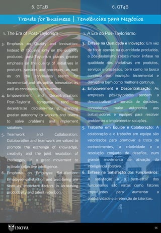 66
6. GT4B 6. GT4B
Trends for Business | Tendências para Negócios
1. The Era of Post-Taylorism 1. A Era do Pós-Taylorismo
3. Ênfase na Qualidade e Inovação: Em vez
de focar apenas na quantidade produzida,
o pós-taylorismo coloca maior ênfase na
qualidade das iniciativas em produtos,
serviços e processos, bem como na busca
contínua por inovação incremental e
disruptiva bem como melhoria contínua.
4. Empowerment e Descentralização: As
empresas pós-tayloristas tendem a
descentralizar a tomada de decisões,
concedendo maior autonomia aos
trabalhadores e equipes para resolver
problemas e implementar soluções.
5. Trabalho em Equipe e Colaboração: A
colaboração e o trabalho em equipe são
valorizados para promover a troca de
conhecimentos, a criatividade e a
resolução conjunta de desafios, num
grande movimento de ativação da
inteligência coletiva.
6. Ênfase na Satisfação dos Funcionários:
A satisfação e o bem-estar dos
funcionários são vistos como fatores
importantes para aumentar a
produtividade e a retenção de talentos.
3. Emphasis on Quality and Innovation:
Instead of focusing only on the quantity
produced, post-Taylorism places greater
emphasis on the quality of initiatives in
products, services and processes, as well
as on the continuous search for
incremental and disruptive innovation as
well as continuous improvement.
4. Empowerment and Decentralization:
Post-Taylorist companies tend to
decentralize decision-making, granting
greater autonomy to workers and teams
to solve problems and implement
solutions.
5. Teamwork and Collaboration:
Collaboration and teamwork are valued to
promote the exchange of knowledge,
creativity and the joint resolution of
challenges, in a great movement to
activate collective intelligence.
6. Emphasis on Employee Satisfaction:
Employee satisfaction and well-being are
seen as important factors in increasing
productivity and talent retention.
 