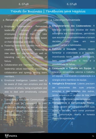 69
6. GT4B 6. GT4B
Trends for Business | Tendências para Negócios
2. Reiventing Leadership 2. Liderança Reinventada
3. Empoderamento dos Colaboradores: A
liderança reinventada envolve dar mais
autonomia aos colaboradores, permitindo
que assumam responsabilidades e tomem
decisões com base em seus
conhecimentos e habilidades.
4. Estímulo à Inovação: Líderes devem
fomentar a criatividade e a inovação,
incentivando novas ideias e abordagens,
bem como tolerando o risco e a
possibilidade de falhas.
5. Colaboração e Trabalho em Equipe: A
liderança reinventada valoriza o trabalho
em equipe, incentivando a colaboração e a
sinergia entre membros da equipe.
6. Inteligência Emocional: Líderes precisam
ser conscientes das suas próprias
emoções e das emoções dos outros,
sendo empáticos e capazes de lidar com
situações emocionalmente complexas.
7. Transparência e Comunicação Aberta:
Líderes devem ser transparentes em suas
ações e decisões, bem como promover
uma comunicação aberta e honesta
dentro da organização.
3. Employee Empowerment: Reinvented
leadership involves empowering
employees, allowing them to take
responsibility and make decisions based
on their knowledge and skills.
4. Fostering Innovation: Leaders must foster
creativity and innovation, encouraging
new ideas and approaches, as well as
tolerating risk and the possibility of
failure.
5. Collaboration and Teamwork: Reinvented
leadership values teamwork, encouraging
collaboration and synergy among team
members.
6. Emotional Intelligence: Leaders need to
be aware of their own emotions and the
emotions of others, being empathetic and
able to deal with emotionally complex
situations.
7. Transparency and Open Communication:
Leaders must be transparent in their
actions and decisions, as well as promote
open and honest communication within
the organization.
 