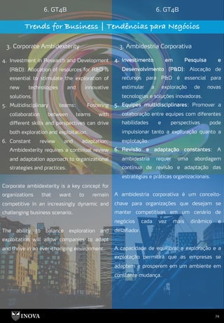 74
6. GT4B 6. GT4B
Trends for Business | Tendências para Negócios
3. Corporate Ambidexterity 3. Ambidestria Corporativa
4. Investimento em Pesquisa e
Desenvolvimento (P&D): Alocação de
recursos para P&D é essencial para
estimular a exploração de novas
tecnologias e soluções inovadoras.
5. Equipes multidisciplinares: Promover a
colaboração entre equipes com diferentes
habilidades e perspectivas pode
impulsionar tanto a exploração quanto a
explotação.
6. Revisão e adaptação constantes: A
ambidestria requer uma abordagem
contínua de revisão e adaptação das
estratégias e práticas organizacionais.
A ambidestria corporativa é um conceito-
chave para organizações que desejam se
manter competitivas em um cenário de
negócios cada vez mais dinâmico e
desafiador.
A capacidade de equilibrar a exploração e a
explotação permitirá que as empresas se
adaptem e prosperem em um ambiente em
constante mudança.
4. Investment in Research and Development
(R&D): Allocation of resources for R&D is
essential to stimulate the exploration of
new technologies and innovative
solutions.
5. Multidisciplinary teams: Fostering
collaboration between teams with
different skills and perspectives can drive
both exploration and exploitation.
6. Constant review and adaptation:
Ambidexterity requires a continual review
and adaptation approach to organizational
strategies and practices.
Corporate ambidexterity is a key concept for
organizations that want to remain
competitive in an increasingly dynamic and
challenging business scenario.
The ability to balance exploration and
exploitation will allow companies to adapt
and thrive in an ever-changing environment.
 