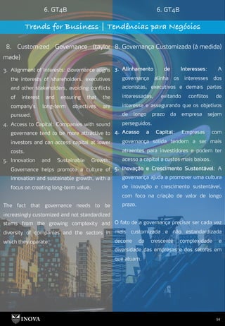 94
6. GT4B 6. GT4B
Trends for Business | Tendências para Negócios
8. Customized Governance (taylor
made)
8. Governança Customizada (à medida)
3. Alinhamento de Interesses: A
governança alinha os interesses dos
acionistas, executivos e demais partes
interessadas, evitando conflitos de
interesse e assegurando que os objetivos
de longo prazo da empresa sejam
perseguidos.
4. Acesso a Capital: Empresas com
governança sólida tendem a ser mais
atraentes para investidores e podem ter
acesso a capital a custos mais baixos.
5. Inovação e Crescimento Sustentável: A
governança ajuda a promover uma cultura
de inovação e crescimento sustentável,
com foco na criação de valor de longo
prazo.
O fato de a governança precisar ser cada vez
mais customizada e não estandardizada
decorre da crescente complexidade e
diversidade das empresas e dos setores em
que atuam.
3. Alignment of Interests: Governance aligns
the interests of shareholders, executives
and other stakeholders, avoiding conflicts
of interest and ensuring that the
company's long-term objectives are
pursued.
4. Access to Capital: Companies with sound
governance tend to be more attractive to
investors and can access capital at lower
costs.
5. Innovation and Sustainable Growth:
Governance helps promote a culture of
innovation and sustainable growth, with a
focus on creating long-term value.
The fact that governance needs to be
increasingly customized and not standardized
stems from the growing complexity and
diversity of companies and the sectors in
which they operate.
 