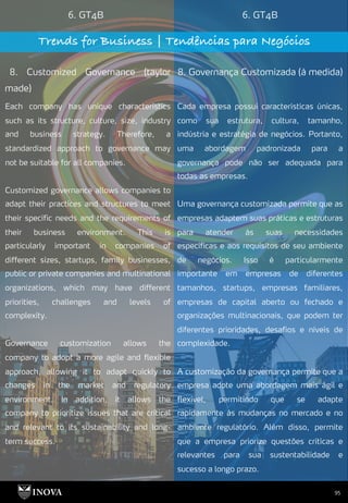 95
6. GT4B 6. GT4B
Trends for Business | Tendências para Negócios
8. Customized Governance (taylor
made)
8. Governança Customizada (à medida)
Cada empresa possui características únicas,
como sua estrutura, cultura, tamanho,
indústria e estratégia de negócios. Portanto,
uma abordagem padronizada para a
governança pode não ser adequada para
todas as empresas.
Uma governança customizada permite que as
empresas adaptem suas práticas e estruturas
para atender às suas necessidades
específicas e aos requisitos de seu ambiente
de negócios. Isso é particularmente
importante em empresas de diferentes
tamanhos, startups, empresas familiares,
empresas de capital aberto ou fechado e
organizações multinacionais, que podem ter
diferentes prioridades, desafios e níveis de
complexidade.
A customização da governança permite que a
empresa adote uma abordagem mais ágil e
flexível, permitindo que se adapte
rapidamente às mudanças no mercado e no
ambiente regulatório. Além disso, permite
que a empresa priorize questões críticas e
relevantes para sua sustentabilidade e
sucesso a longo prazo.
Each company has unique characteristics
such as its structure, culture, size, industry
and business strategy. Therefore, a
standardized approach to governance may
not be suitable for all companies.
Customized governance allows companies to
adapt their practices and structures to meet
their specific needs and the requirements of
their business environment. This is
particularly important in companies of
different sizes, startups, family businesses,
public or private companies and multinational
organizations, which may have different
priorities, challenges and levels of
complexity.
Governance customization allows the
company to adopt a more agile and flexible
approach, allowing it to adapt quickly to
changes in the market and regulatory
environment. In addition, it allows the
company to prioritize issues that are critical
and relevant to its sustainability and long-
term success.
 