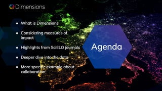 ● What is Dimensions
● Considering measures of
impact
● Highlights from SciELO journals
● Deeper dive into the data
● More...