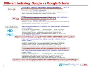 14
Different indexing: Google vs Google Scholar
http://www.scielo.br/scielo.php?pid=S0004-27302014000800802&script=sci_art...