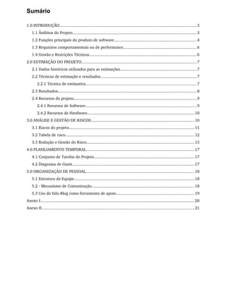 Sumário

1.0 INTRODUÇÃO........................................................................................................................ 3
    1.1 Âmbitos do Projeto............................................................................................................3
    1.2 Funções principais do produto de software........................................................................4
    1.3 Requisitos comportamentais ou de performance................................................................6
    1.4 Gestão e Restrições Técnicas..............................................................................................6
2.0 ESTIMAÇÃO DO PROJETO.....................................................................................................7
    2.1 Dados históricos utilizados para as estimações...................................................................7
    2.2 Técnicas de estimação e resultados....................................................................................7
        2.2.1 Técnica de estimativa.................................................................................................7
    2.3 Resultados......................................................................................................................... 8
    2.4 Recursos do projeto...........................................................................................................9
        2.4.1 Recursos de Software.................................................................................................9
        2.4.2 Recursos de Hardware..............................................................................................10
3.0 ANÁLISE E GESTÃO DE RISCOS..........................................................................................10
    3.1 Riscos do projeto.............................................................................................................. 11
    3.2 Tabela de risco................................................................................................................. 12
    3.3 Redução e Gestão do Risco..............................................................................................13
4.0 PLANEJAMENTO TEMPORAL...............................................................................................17
    4.1 Conjunto de Tarefas do Projeto........................................................................................17
    4.2 Diagrama de Gantt...........................................................................................................17
5.0 ORGANIZAÇÃO DE PESSOAL...............................................................................................18
    5.1 Estrutura da Equipe......................................................................................................... 18
    5.2 ­ Mecanismo de Comunicação..........................................................................................18
    5.3 Uso do Edu­Blog como ferramenta de apoio....................................................................19
Anexo I....................................................................................................................................... 20
Anexo II...................................................................................................................................... 21
 
