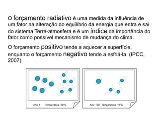 O forçamento radiativo é uma medida da influência de
um fator na alteração do equilíbrio da energia que entra e sai
do sistema Terra-atmosfera e é um índice da importância do
fator como possível mecanismo de mudança do clima.
O forçamento positivo tende a aquecer a superfície,
enquanto o forçamento negativo tende a esfriá-la. (IPCC,
2007)
 
