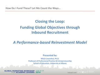 How Do I Fund These? Let Me Count the Ways…
Closing the Loop:
Funding Global Objectives through
Inbound Recruitment
A Performance-based Reinvestment Model
Presented by:
Mitch Leventhal, Ph.D.
Professor of Professional Practice & Entrepreneurship
School of Education, University at Albany
 