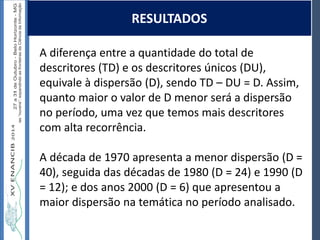 Autoria / Título do trabalhoAutoria / Título do trabalho
A diferença entre a quantidade do total de
descritores (TD) e os descritores únicos (DU),
equivale à dispersão (D), sendo TD – DU = D. Assim,
quanto maior o valor de D menor será a dispersão
no período, uma vez que temos mais descritores
com alta recorrência.
A década de 1970 apresenta a menor dispersão (D =
40), seguida das décadas de 1980 (D = 24) e 1990 (D
= 12); e dos anos 2000 (D = 6) que apresentou a
maior dispersão na temática no período analisado.
RESULTADOS
 