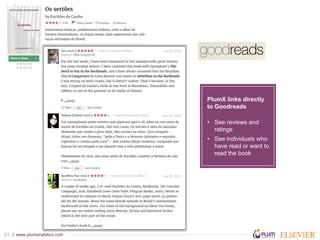 | www.plumanalytics.com21
PlumX links directly
to Goodreads
• See reviews and
ratings
• See individuals who
have read or w...