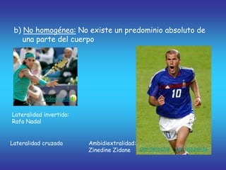 b) No homogénea: No existe un predominio absoluto de
una parte del cuerpo
Lateralidad invertida:
Rafa Nadal
video nadal
Ambidiextralidad:
Zinedine Zidane gol izquierda
gol derecha
Lateralidad cruzada
 