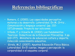 Referencias bibliográficas
• Romero, C. (2000). Las capacidades perceptivo
motoras y su desarrollo. Lateralidad. En M. Ortiz ,
Comunicación y lenguaje corporal. (pp. 132-
137).Granada: Proyecto sur ediciones.
• Villada, P. y Vizuete M. (2002). Los fundamentos
Teoricos- Didacticos de la Educacion FIsica(Cap. 3 pp.
169-177). Ministerio de educacion cultura y deporte.
Colección conocimiento educativo.
• Girela, M.J. (2007). Apuntes Educación Física Básica.
Lateralidad. En El cuerpo, imagen y percepción: la
corporalidad o el esquema corporal.
 