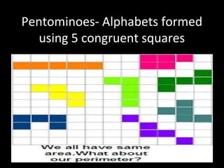 Pentominoes- Alphabets formed
using 5 congruent squares
 