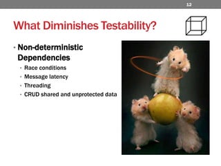 What Diminishes Testability?Non-deterministic DependenciesRace conditionsMessage latencyThreadingCRUD shared and unprotected data12