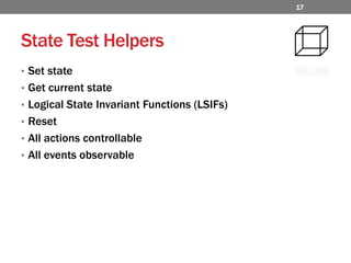 State Test HelpersSet state Get current stateLogical State Invariant Functions (LSIFs)ResetAll actions controllableAll events observable17