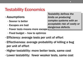 Testability EconomicsAssumptionsSooner is betterEscapes are badFewer tests means more escapesFixed budget – how to optimizeEfficiency: average tests per unit of effortEffectiveness: average probability of killing a bug per unit of effortHigher testability: more better tests, same costLower testability:  fewer weaker tests, same cost Testability defines the limits on producing complex systems with an acceptable risk of costly or dangerous defects.4
