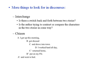 – Chiasm
   A I got up this morning,
             B got dressed
                C and drove into town.
                      D I worked hard all day,
                C’ returned home,
             B’ put on my PJs
   A’ and went to bed.
 