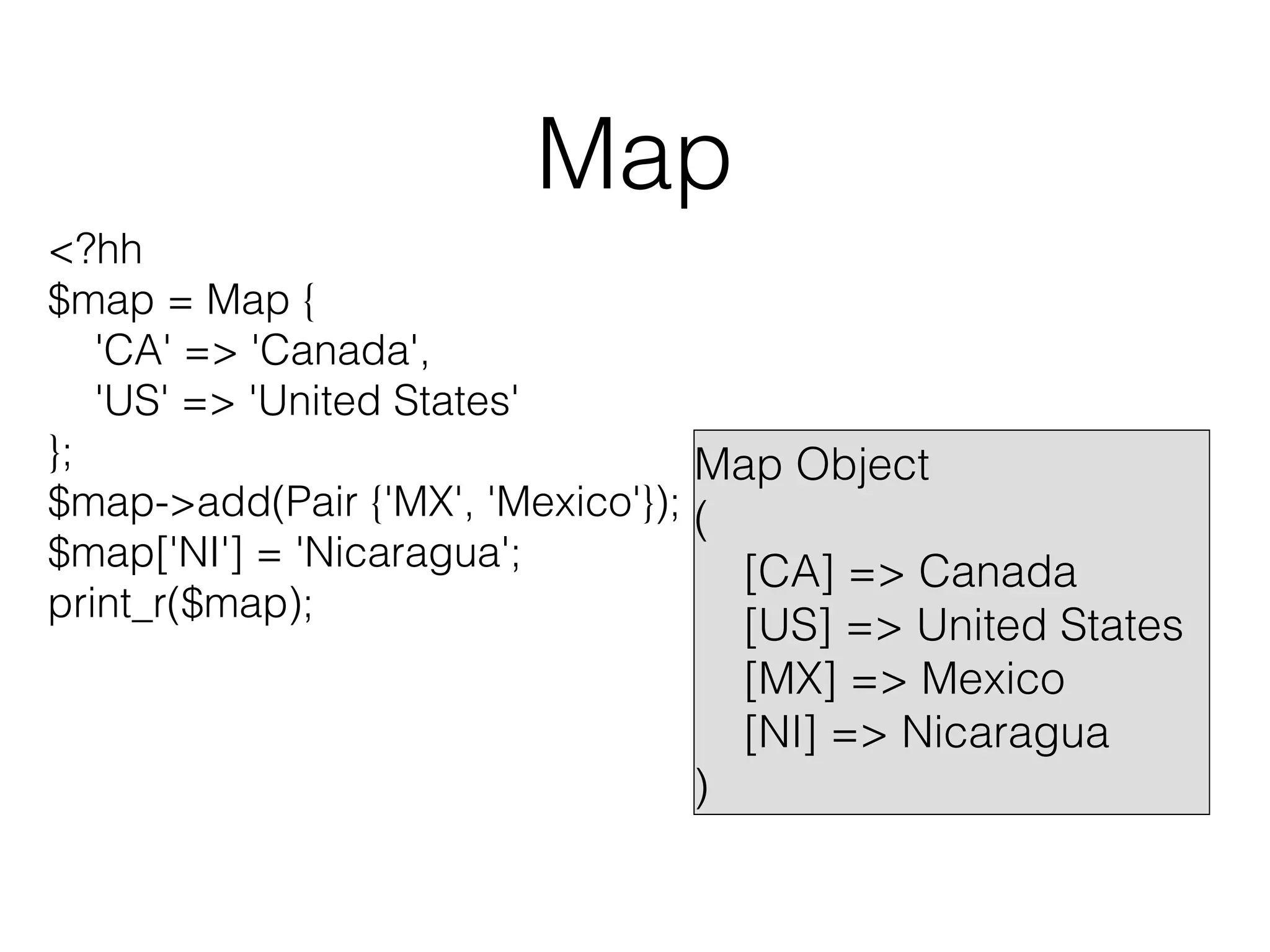 Map
<?hh
$map = Map {
'CA' => 'Canada',
'US' => 'United States'
};
Map Object
$map->add(Pair {'MX', 'Mexico'}); (
$map['NI'] = 'Nicaragua';
[CA] => Canada
print_r($map);

)

[US] => United States
[MX] => Mexico
[NI] => Nicaragua

 