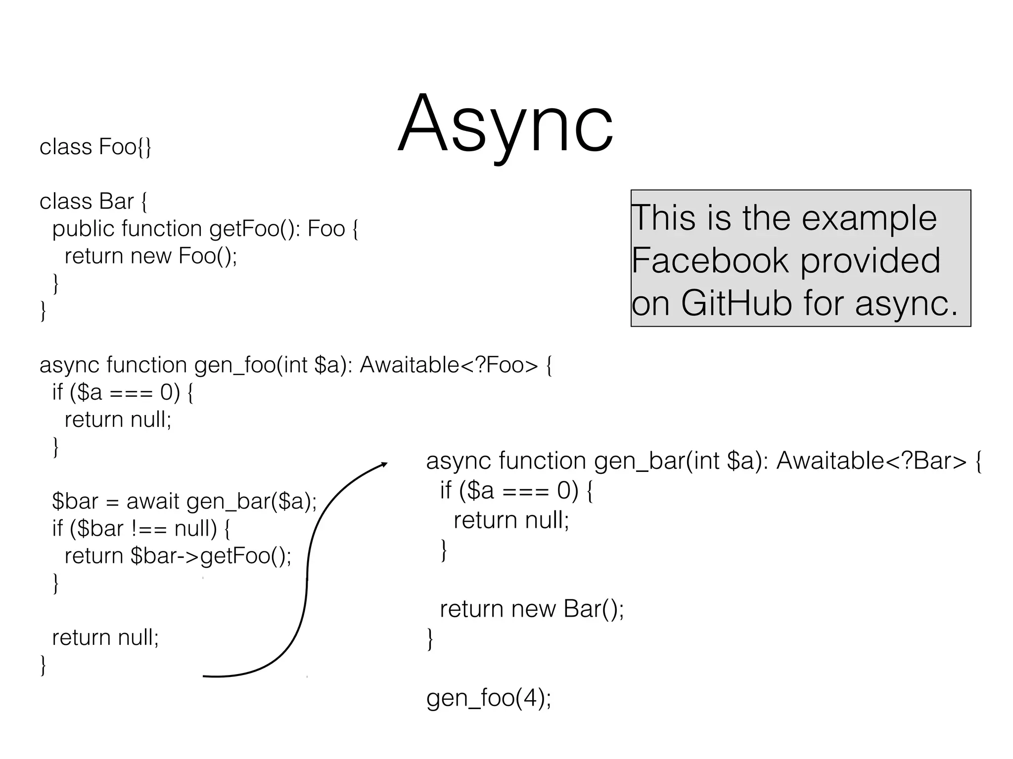class Foo{}

Async

class Bar {
public function getFoo(): Foo {
return new Foo();
}
}

This is the example
Facebook provided
on GitHub for async.

async function gen_foo(int $a): Awaitable<?Foo> {
if ($a === 0) {
return null;
}
$bar = await gen_bar($a);
if ($bar !== null) {
return $bar->getFoo();
}
}

return null;

async function gen_bar(int $a): Awaitable<?Bar> {
if ($a === 0) {
return null;
}
}

return new Bar();

gen_foo(4);

 