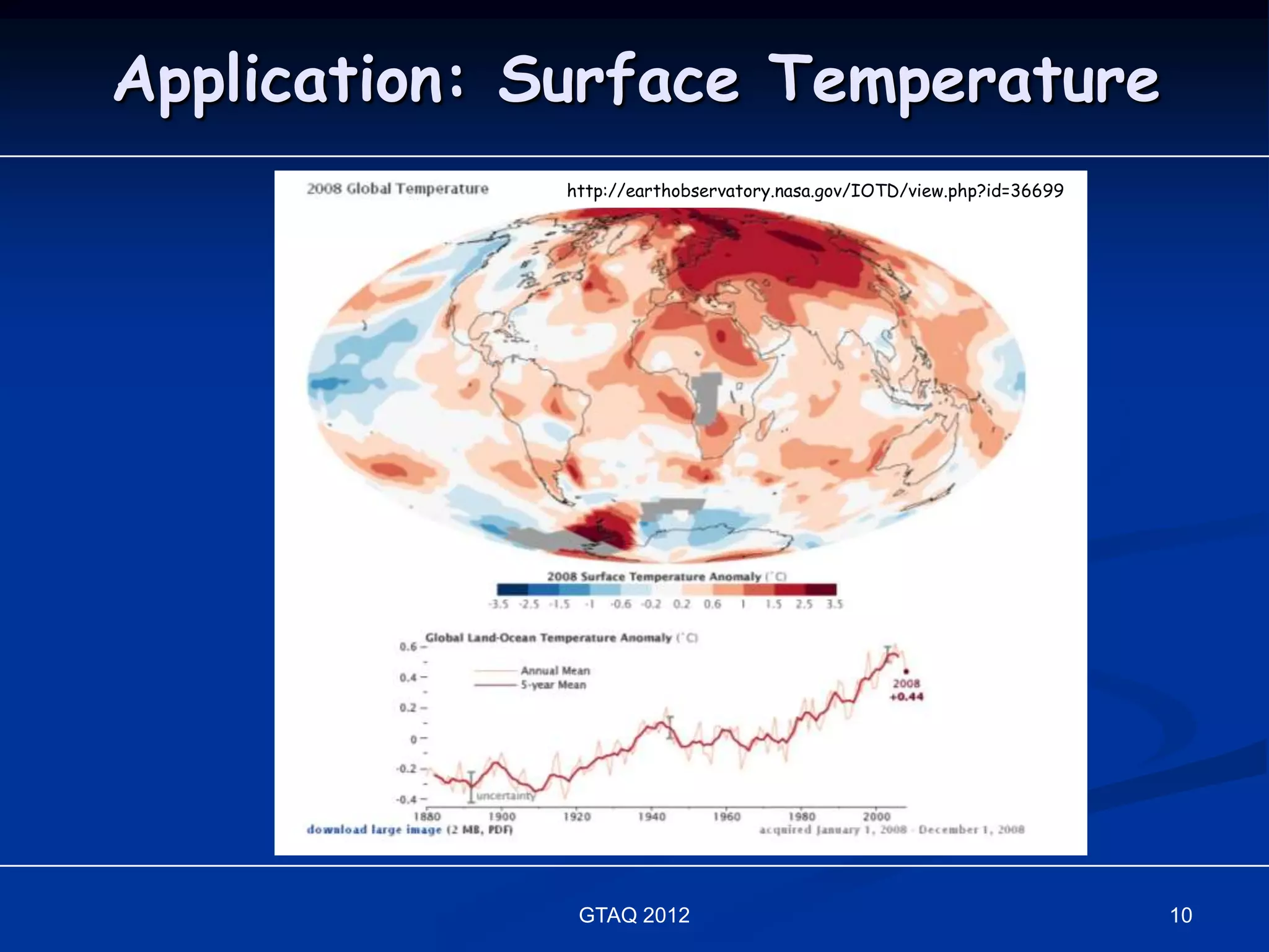 Application: Surface Temperature
             http://earthobservatory.nasa.gov/IOTD/view.php?id=36699




              GTAQ 2012                                                10
 