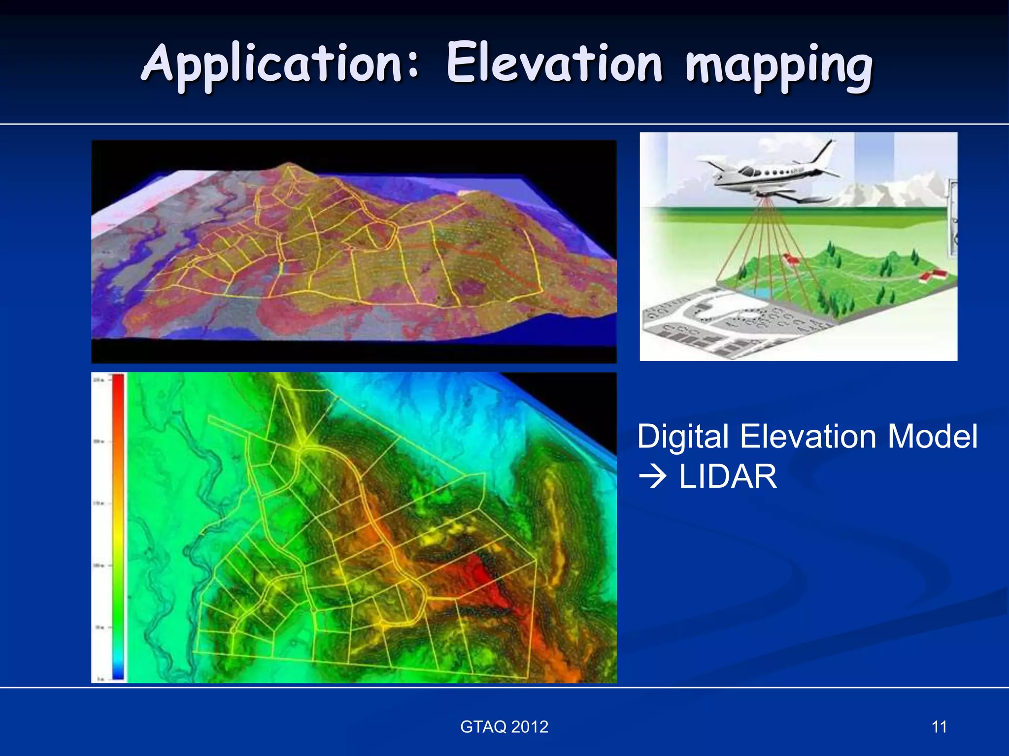 Application: Elevation mapping




                         Digital Elevation Model
                          LIDAR




             GTAQ 2012                      11
 