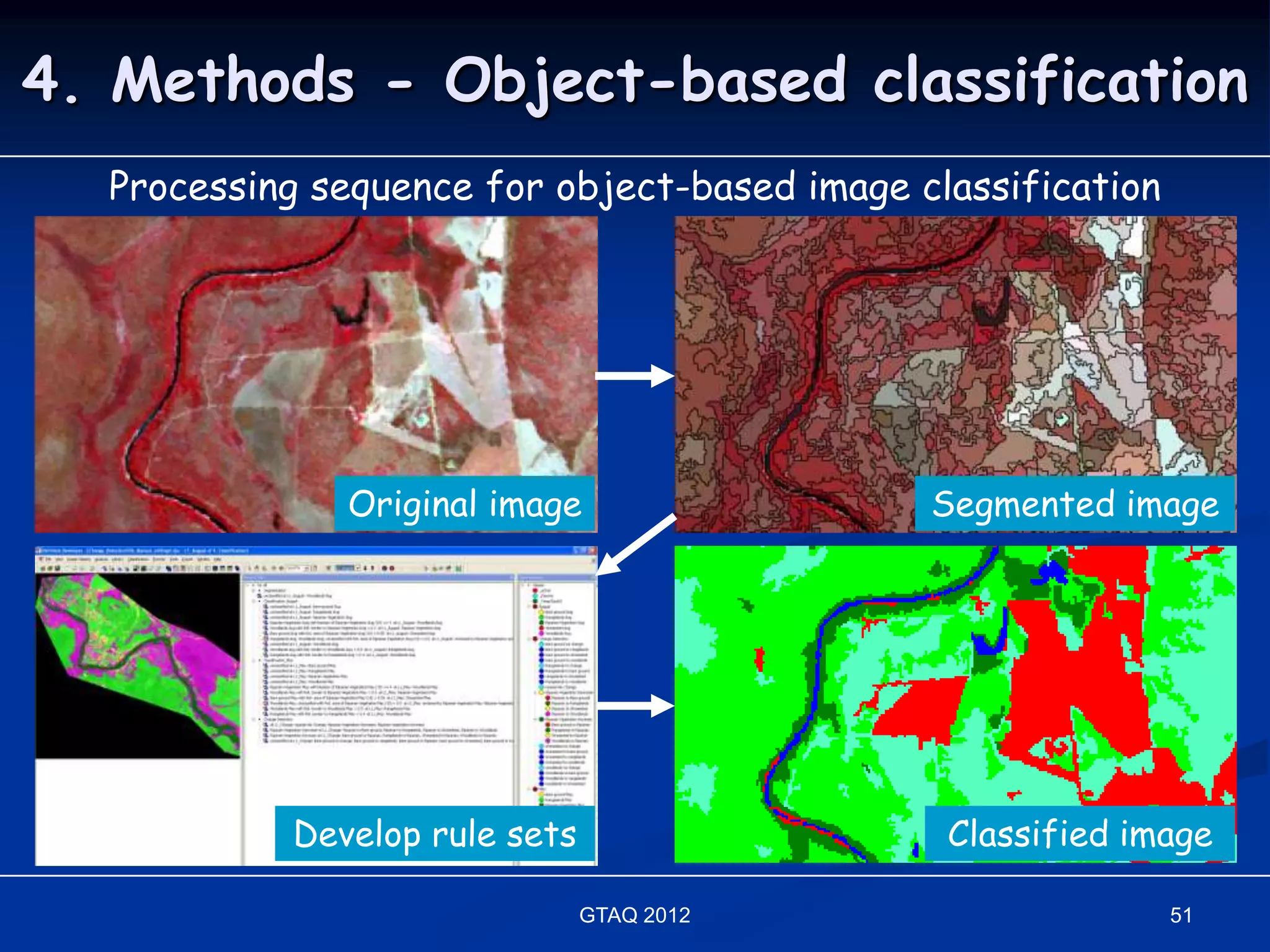 4. Methods - Object-based classification
  Processing sequence for object-based image classification




              Original image                  Segmented image




           Develop rule sets                   Classified image

                               GTAQ 2012                      51
 