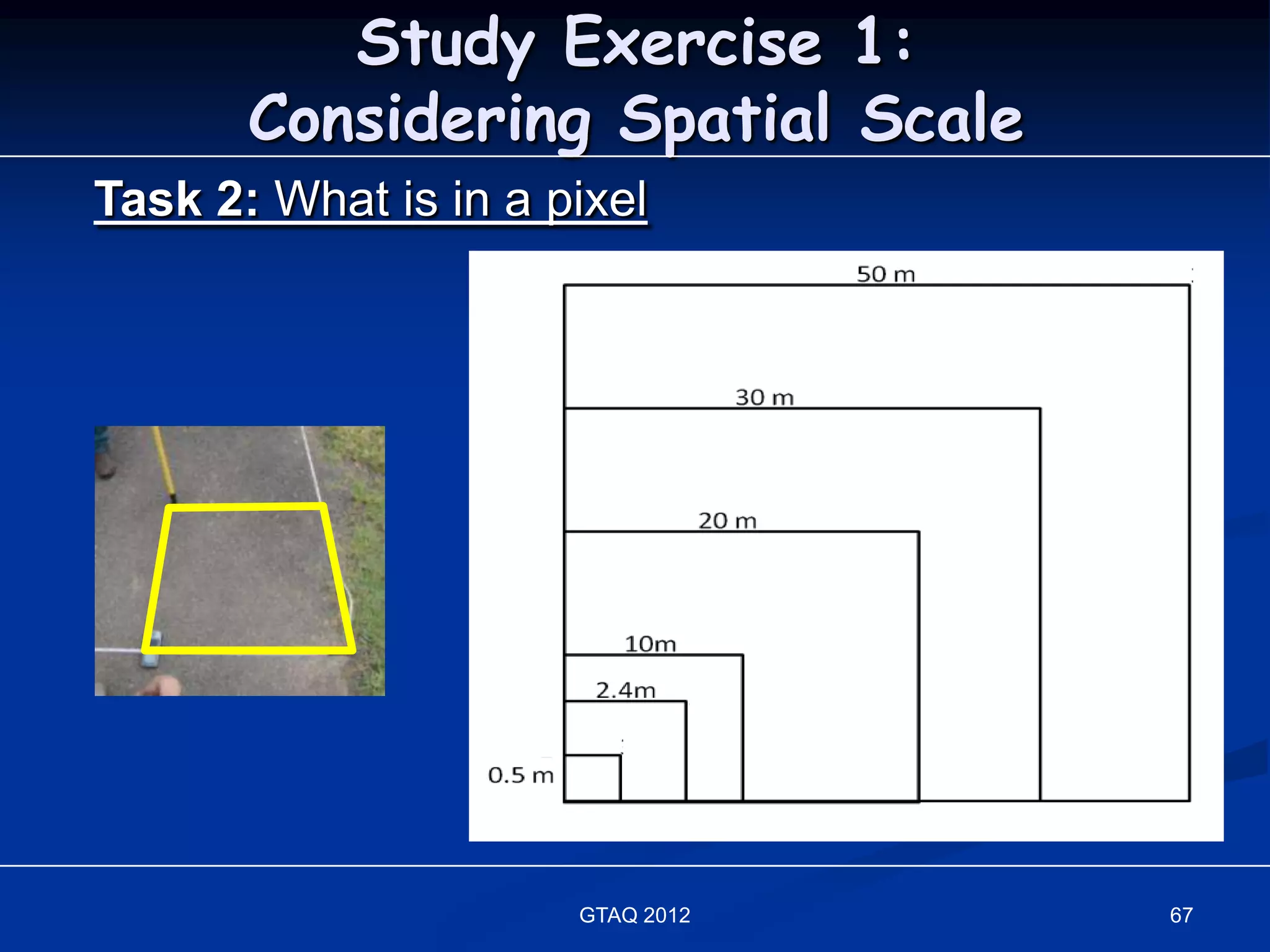 Study Exercise 1:
       Considering Spatial Scale
Task 2: What is in a pixel




                      GTAQ 2012    67
 