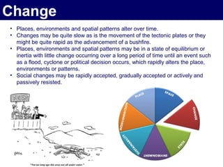 Change
• Places, environments and spatial patterns alter over time.
• Changes may be quite slow as is the movement of the tectonic plates or they
  might be quite rapid as the advancement of a bushfire.
• Places, environments and spatial patterns may be in a state of equilibrium or
  inertia with little change occurring over a long period of time until an event such
  as a flood, cyclone or political decision occurs, which rapidly alters the place,
  environments or patterns.
• Social changes may be rapidly accepted, gradually accepted or actively and
  passively resisted.
 