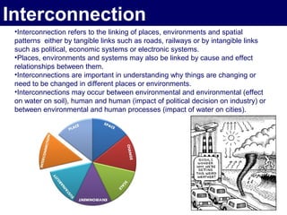 Interconnection
 •Interconnection refers to the linking of places, environments and spatial
 patterns either by tangible links such as roads, railways or by intangible links
 such as political, economic systems or electronic systems.
 •Places, environments and systems may also be linked by cause and effect
 relationships between them.
 •Interconnections are important in understanding why things are changing or
 need to be changed in different places or environments.
 •Interconnections may occur between environmental and environmental (effect
 on water on soil), human and human (impact of political decision on industry) or
 between environmental and human processes (impact of water on cities).
 