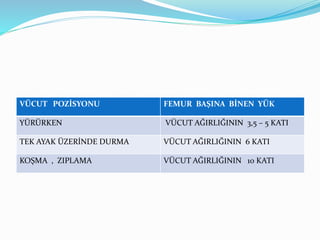 VÜCUT POZİSYONU FEMUR BAŞINA BİNEN YÜK
YÜRÜRKEN VÜCUT AĞIRLIĞININ 3,5 – 5 KATI
TEK AYAK ÜZERİNDE DURMA VÜCUT AĞIRLIĞININ 6 KATI
KOŞMA , ZIPLAMA VÜCUT AĞIRLIĞININ 10 KATI
 