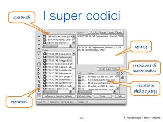 operandi   I super codici

                                     query



                                   creazione di
                                   super codici


                                     risultato
                                    della query

operatori


                  23         A. Vardanega - Univ. Teramo
 